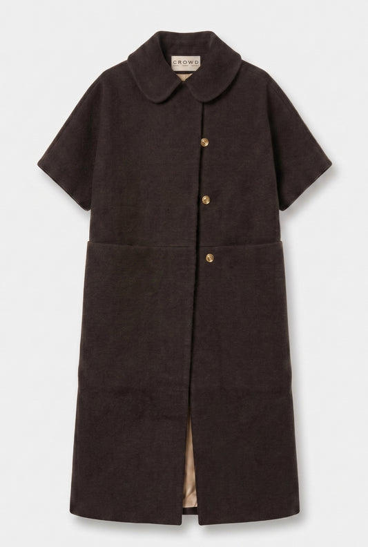 Long MOK Wool Coat - ROUNDED collar - Chocolate Brown