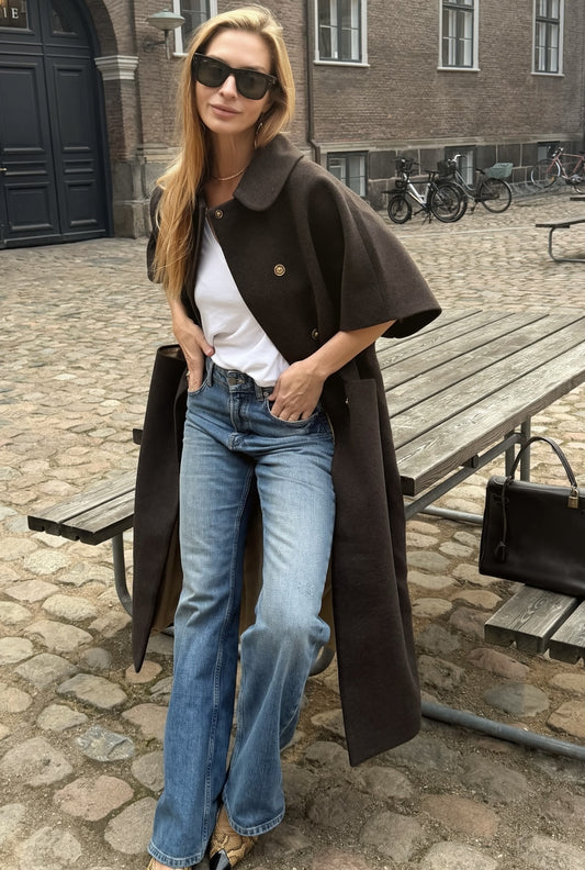 Long MOK Wool Coat - ROUNDED collar - Chocolate Brown
