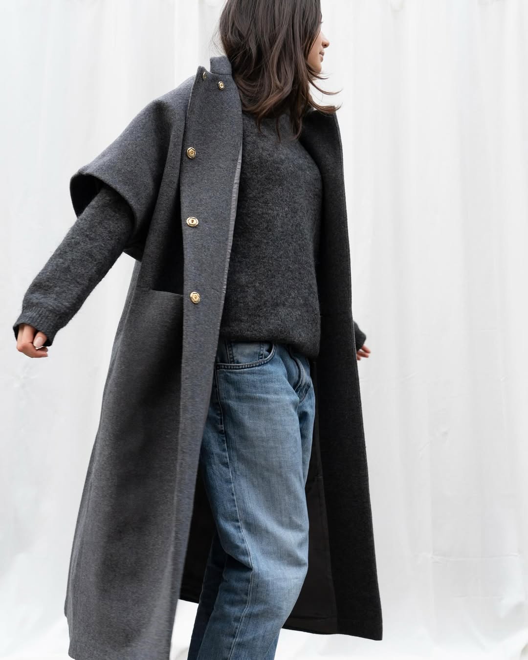 Long MOK Merino Wool Coat - Grey Melange