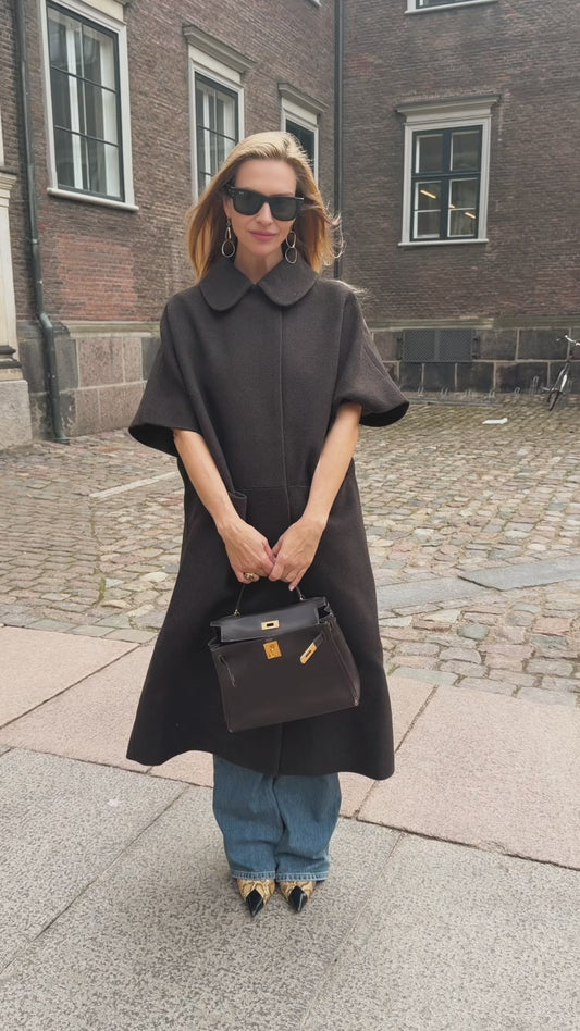 Long MOK Wool Coat - ROUNDED collar - Chocolate Brown